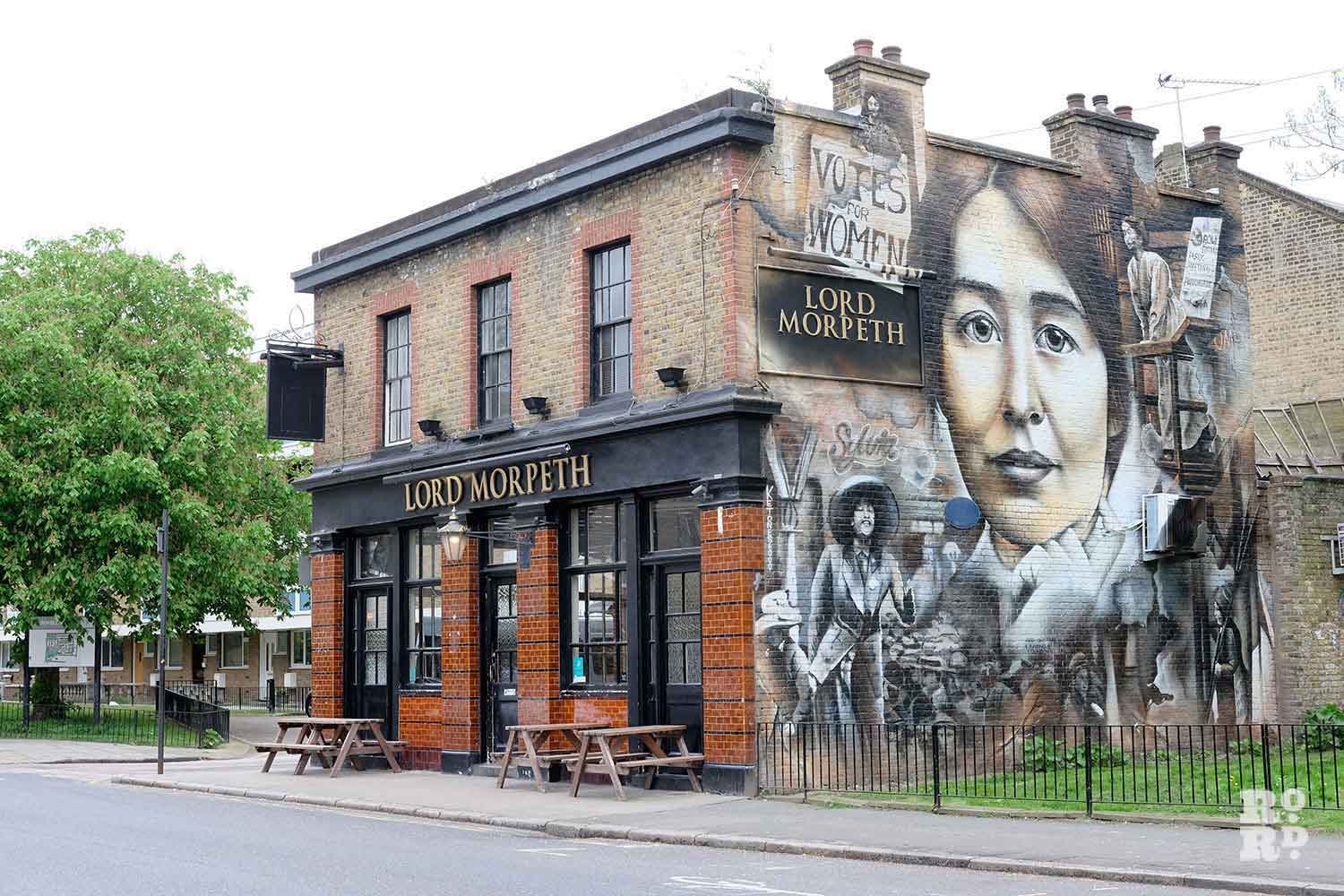 Sylvia Pankhurt mural on Lord Morpeth pub, Old Ford, Bow, East London