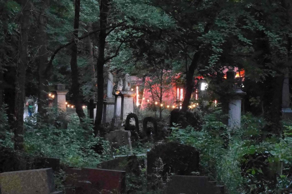 Lights among the tombstones at Shuffle Festival, held at Tower Hamlets Cemetery Park 