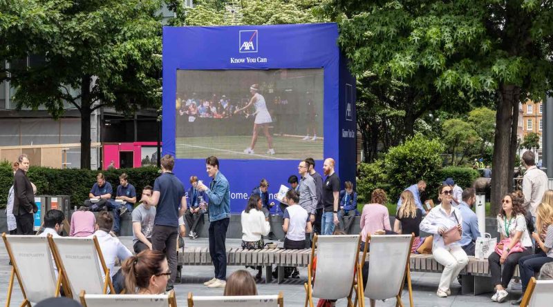 Crowds watching Wimbledon tennis on an outdoor screen in Spitalfields, East London