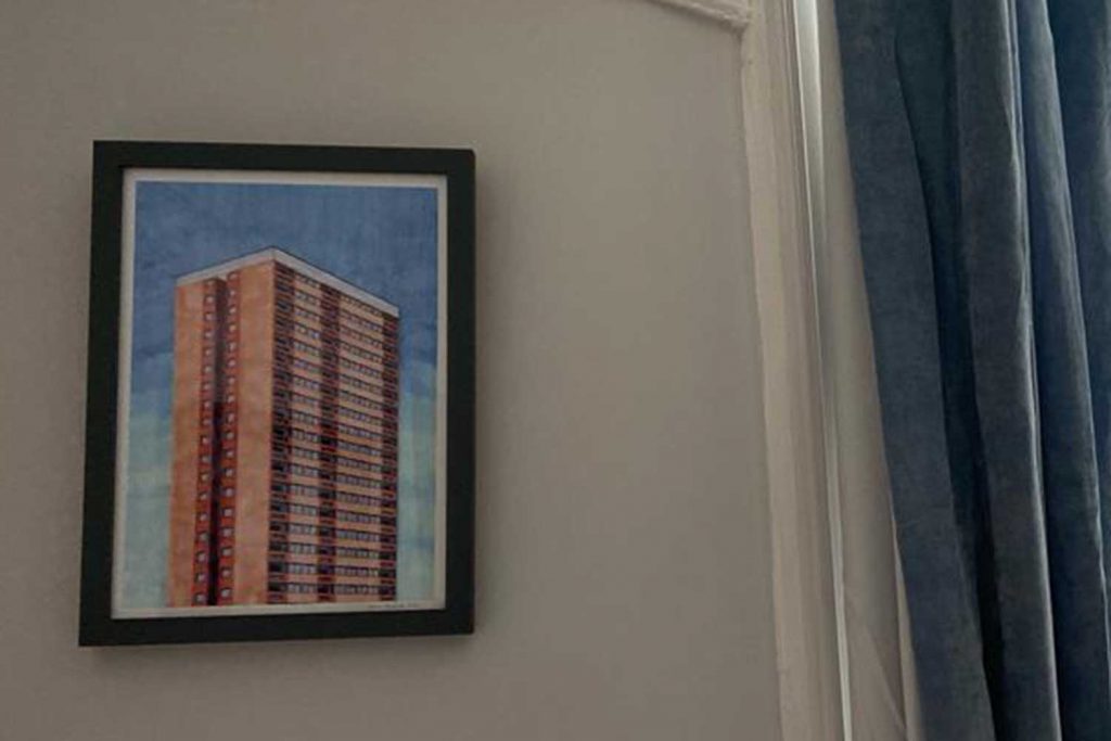 Framed painting of Clare House hanging on the wall of Faryal Iqbal's new flat. 