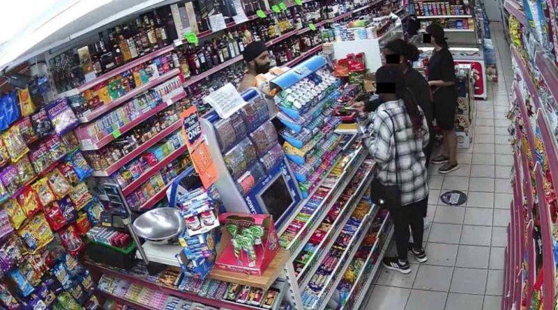 CCTV still of three shoppers in Mannat Supermarket on Roman Road.