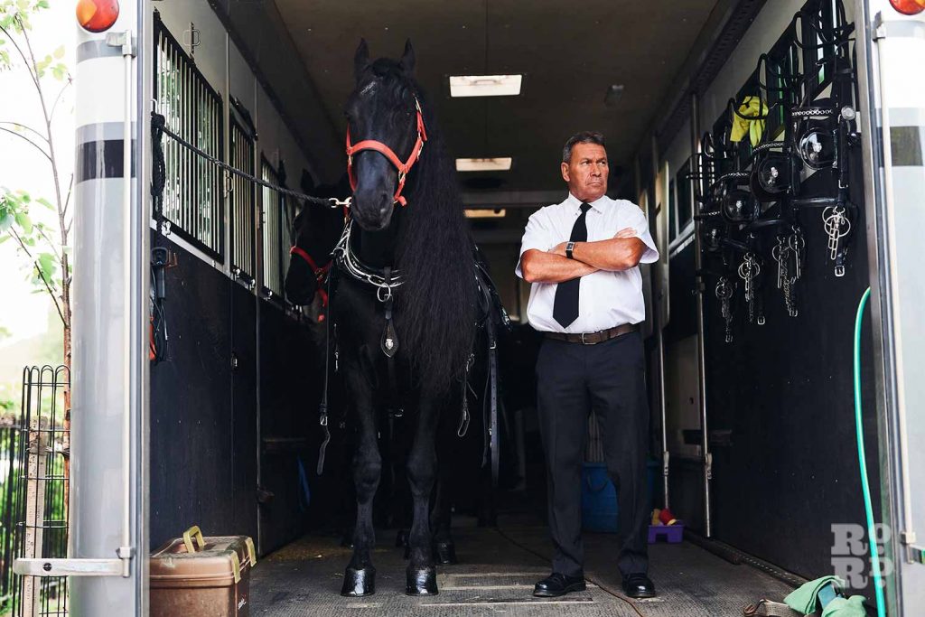Black funeral horse and its handler in the back of the horse truck.