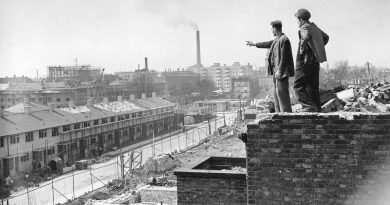 Looking out over new houses being built in Poplar in 1951: Images of Housing, Homelessness and Resistance in London's East End, from the Conditions of Living exhibition at Four Corners.