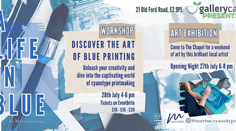 Poster for life in blue cyanotype printmaking workshop in St Margaret's House