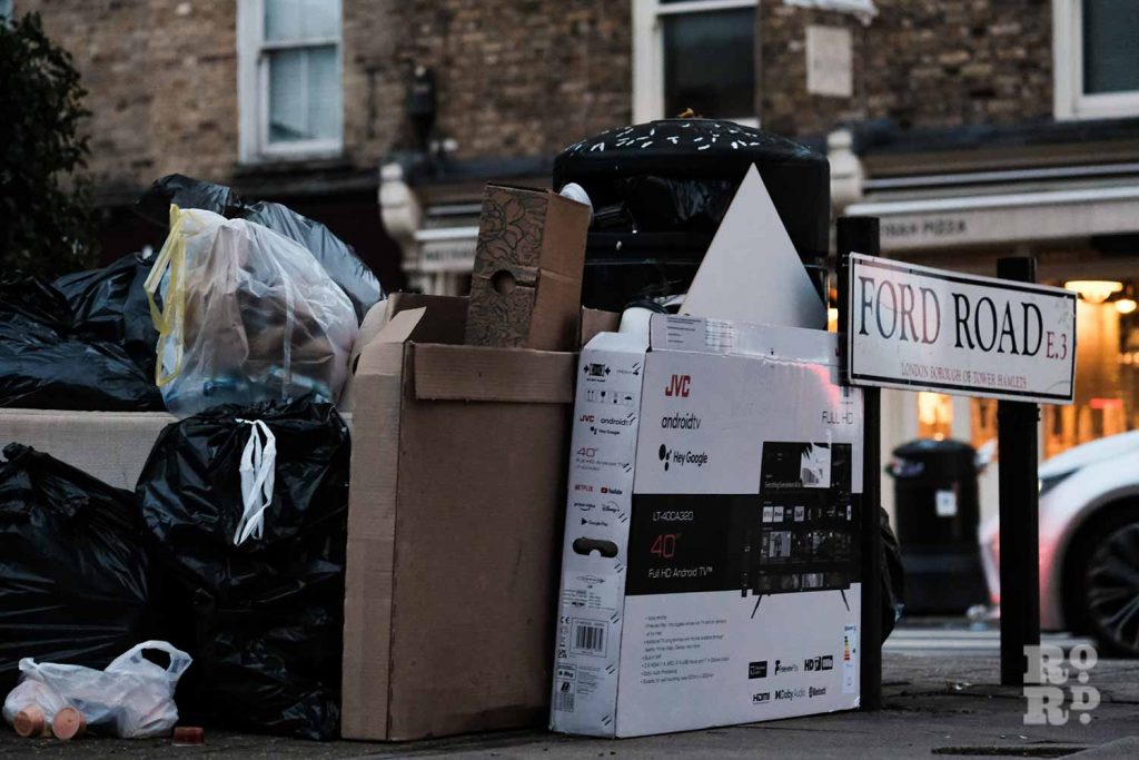 Ford Road, piles of rubbish during the Tower Hamlets refuse worker strikes in 2023.