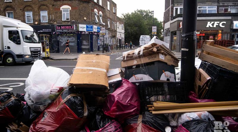 Bethnal Green Road, piles of rubbish during the Tower Hamlets refuse worker strikes in 2023.