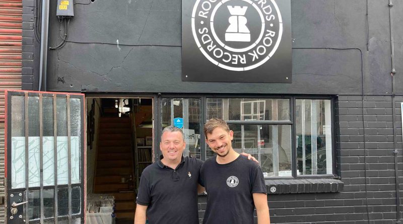 Co-owners Louis Rooney and Julian Gascoigne outside new shop, Rook Records, in Hackney Wick