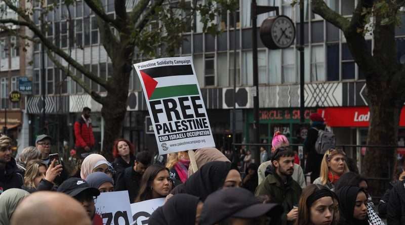 'Free Palestine' poster during Palestine protest in Altab Ali Park, Whitechapel.
