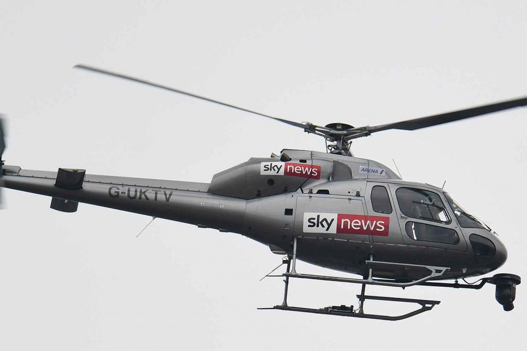 Sky News helicopter covering the discovery that the Novichok suspects stayed in a hotel next to Bow Church DLR station before going to Salisbury © Phil Verney
