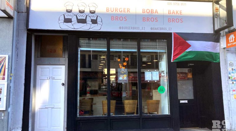Burger Bros shop on Roman Road, flying the Palestinian flag.