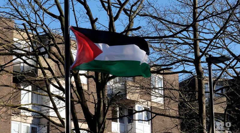 Palestinian flag flying on the lamp post, St Stephen's Road, Bow