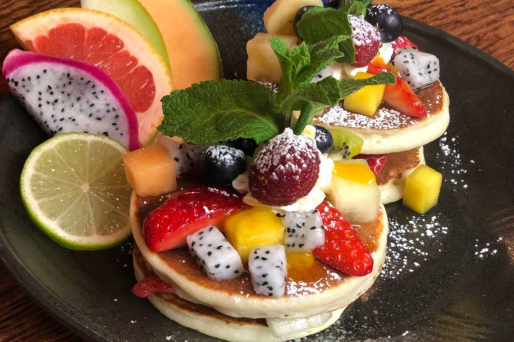 Fruit stacked fluffy pancakes from Cafe East on Roman Road, Bow, East London