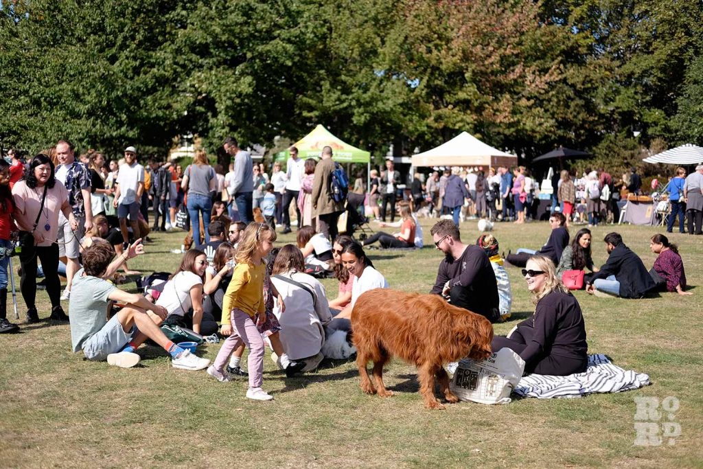 People having a picnic on the grass at Victoria Park Dog Show, East London