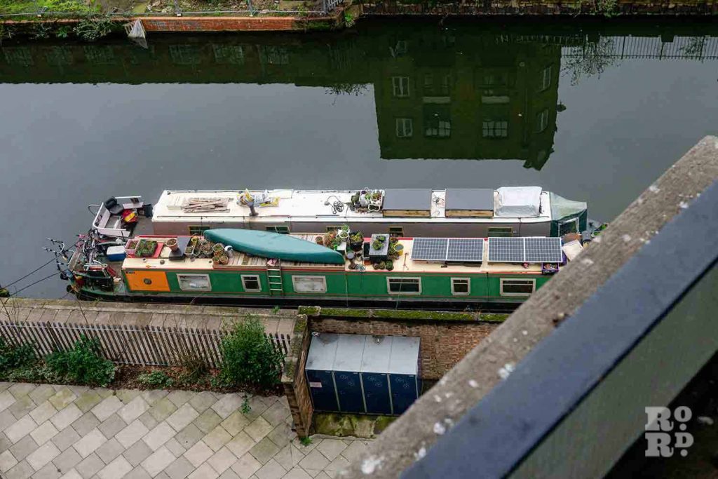 Narrow boats outside Lakeview Council Estate, Victoria Park, Bow