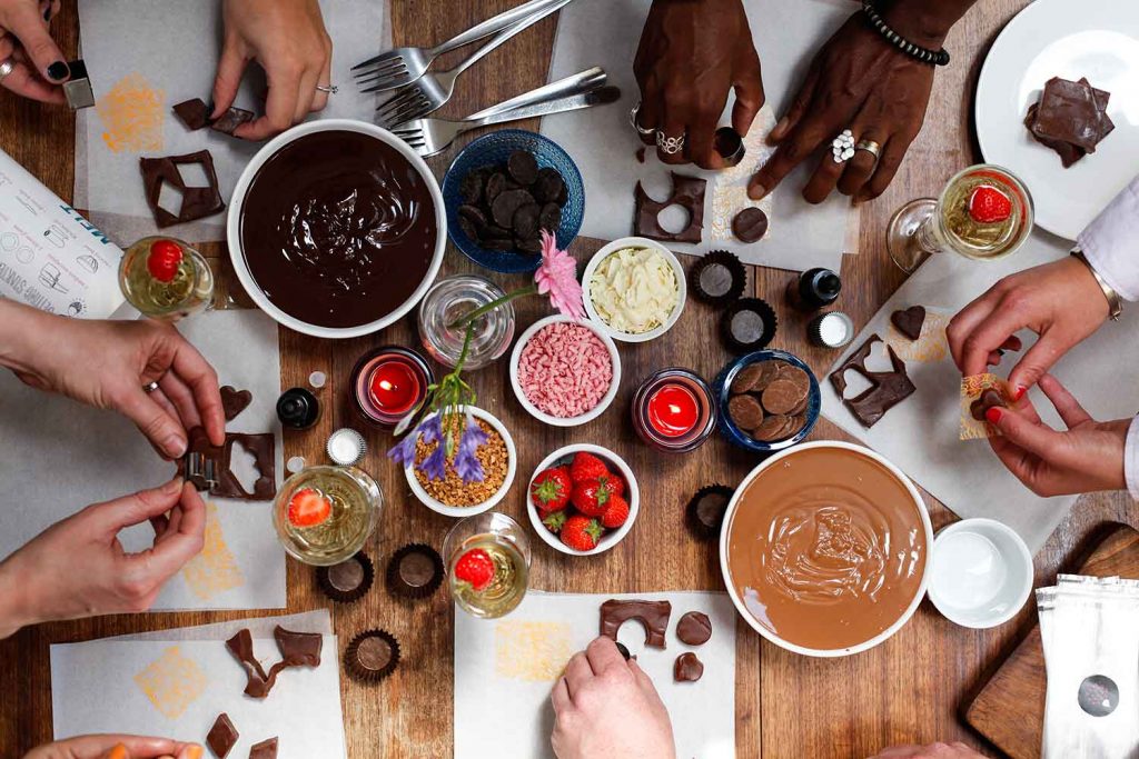 Chocolate making workshop with strawberries, decorations and truffles at MyChocolate at Waterson Street in Shoreditch