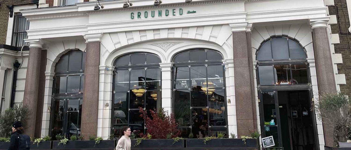 The front of Grounded cafe on Bow Road, East London.