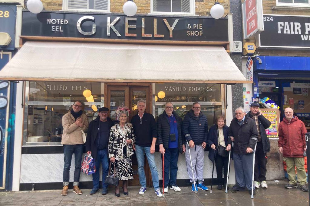 The Geezers with Phyllis Broadbent, Pearly Queen of Islington, after enjoying pie and mash from G Kelly