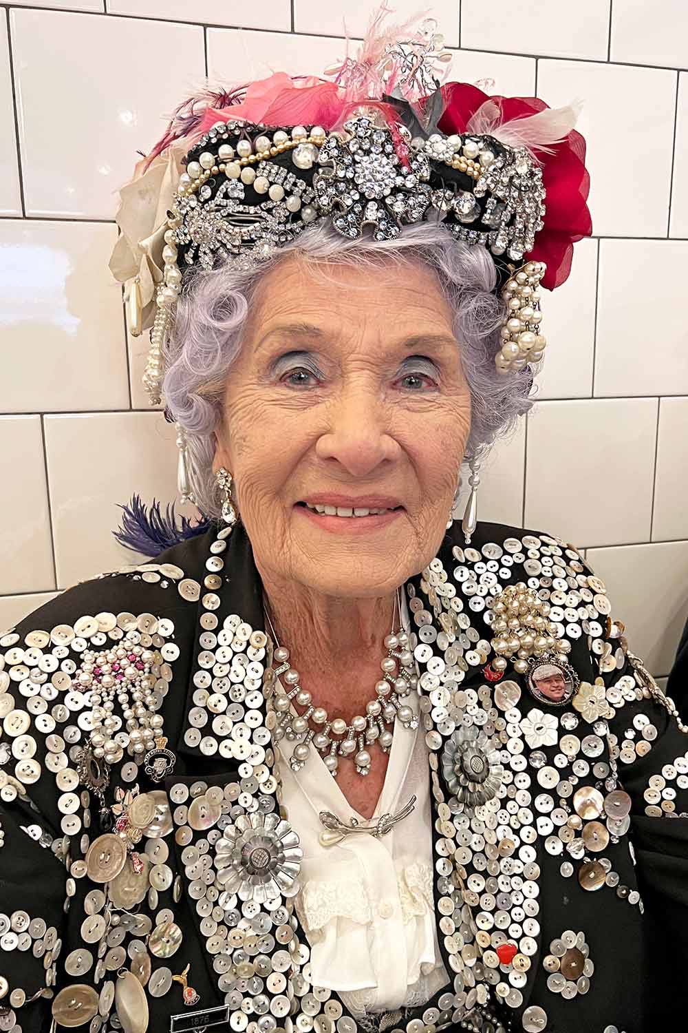 Phyllis Broadbent, Pearly Queen of Islington, inside G Kelly's pie n' mash shop on the Roman Road.