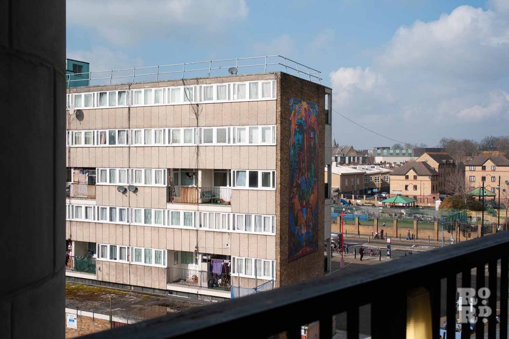 Mural on the side of the block, Greenways council estate, Globe Town, East London.