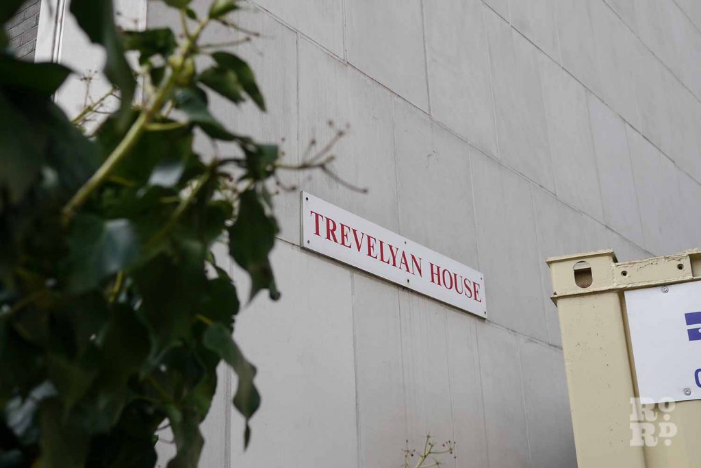 Trevelyan House signage, Greenways council estate, Globe Town, East London.