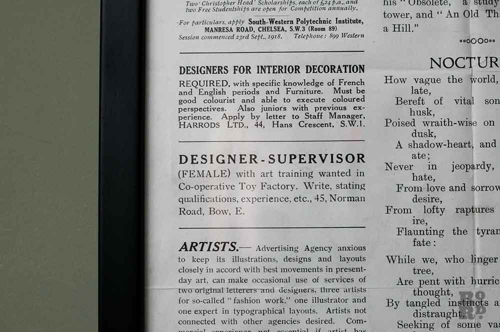 A newspaper extract showing advertisement for a female artist to work in the Toy Factory.