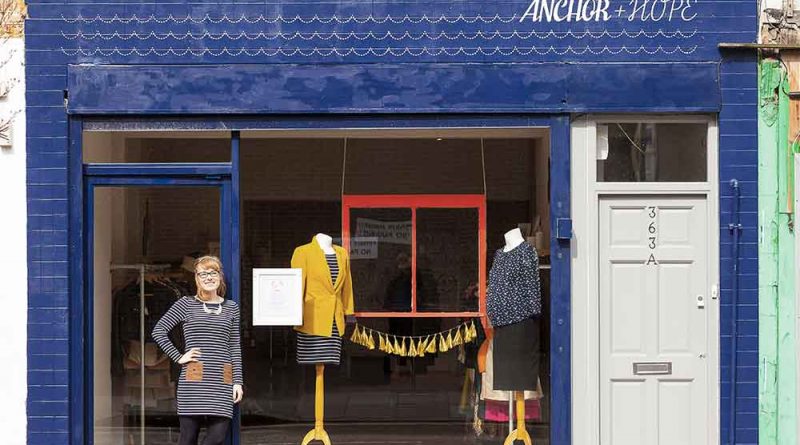 Owner Holly Shaw standing in from of Anchor & Hope shop, Roman Road, East London.