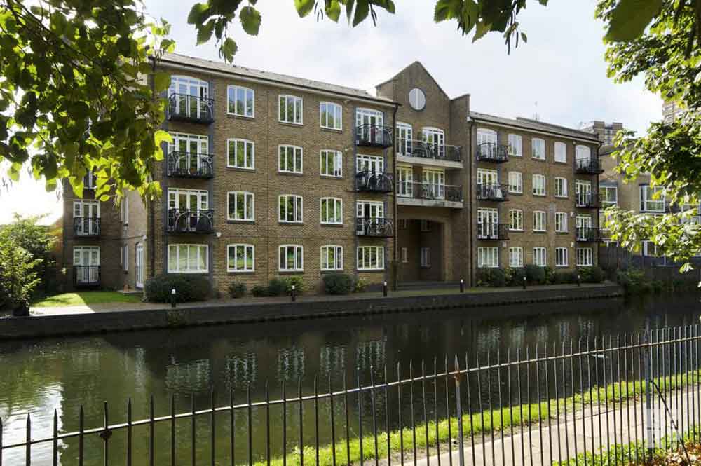 View of Empire Wharf on the Hertford Union Canal in East London.