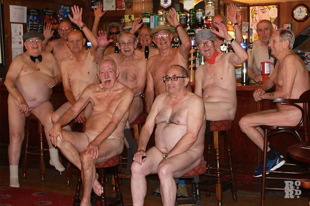 A group of nude old men in an East End boozer posing for a 'naked calendar' fundraising project to save pubs.
