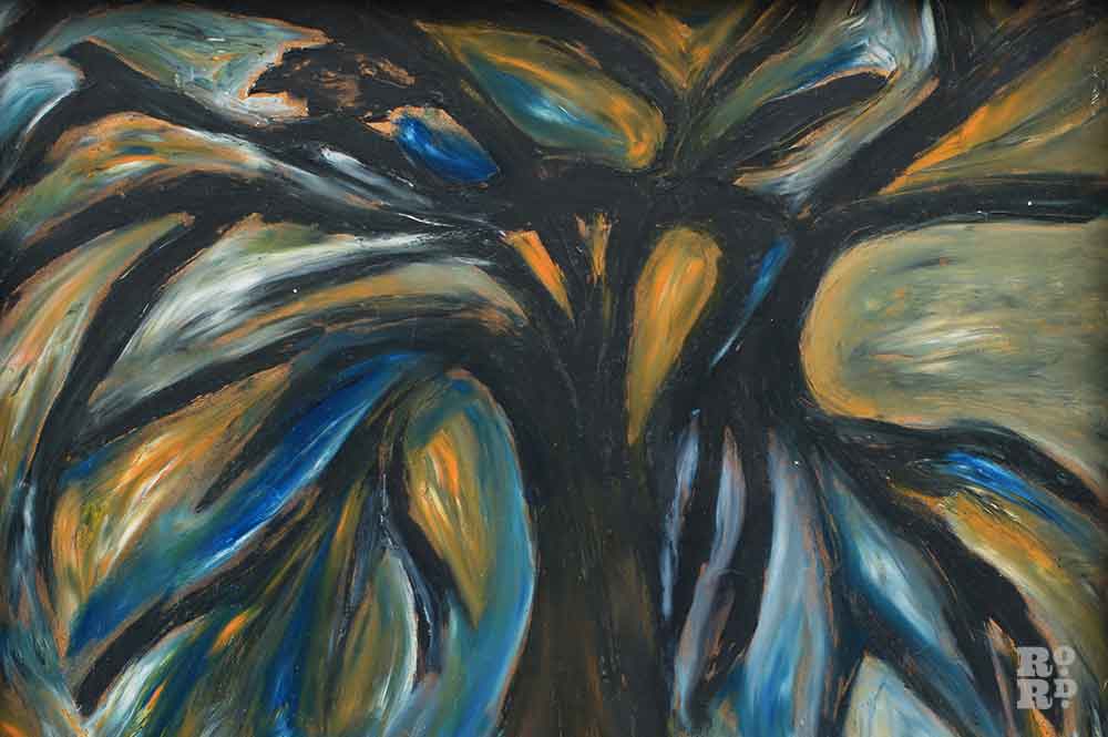 A painting by artist Mary Barnes showing a tree morphing into a bird.