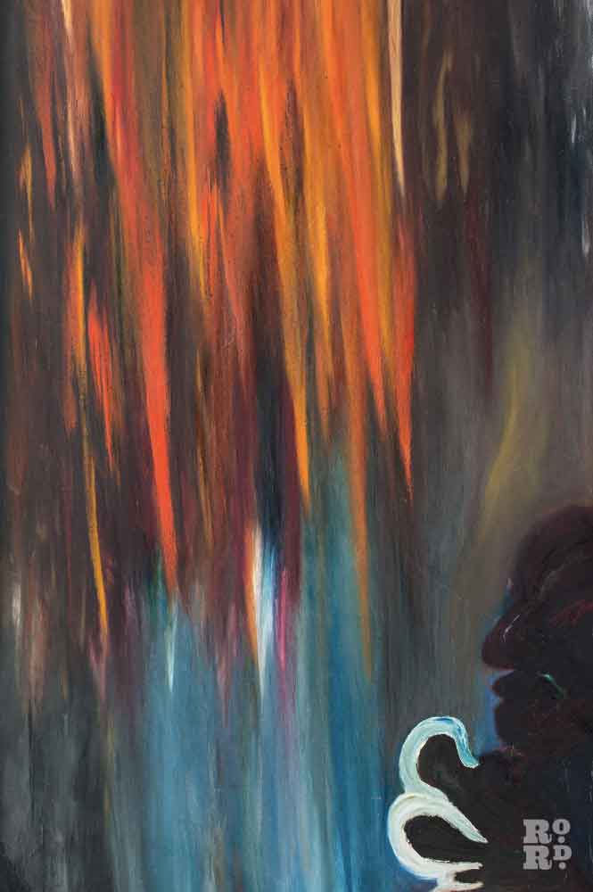 A figure against fiery sky, a painting by artist Mary Barnes.
