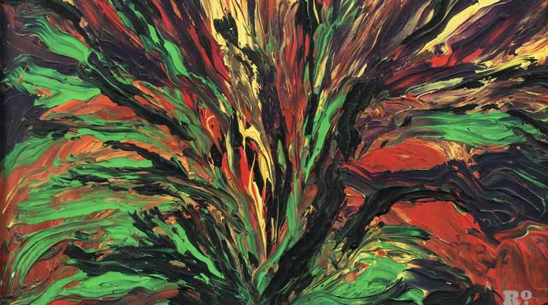 A green and red explosion a painting by artist Mary Barnes.