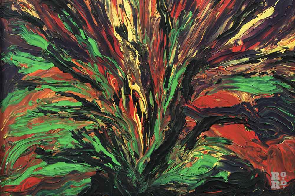 A green and red explosion a painting by artist Mary Barnes.