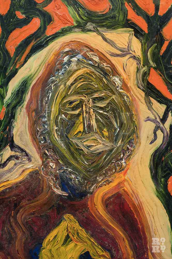 A figure in a green and orange portrait by artist Mary Barnes.
