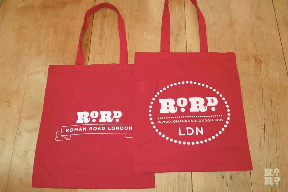 Berry red cotton Roman Road tote shopping bag.