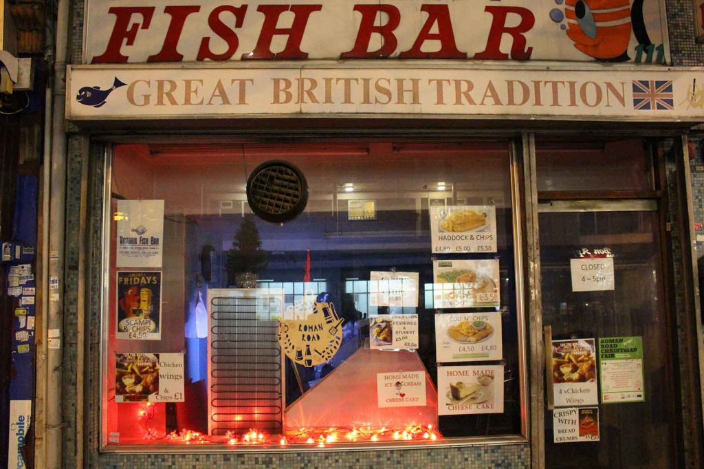 East End Garlands trail at Victoria Fish Bar on Roman Road, East London.