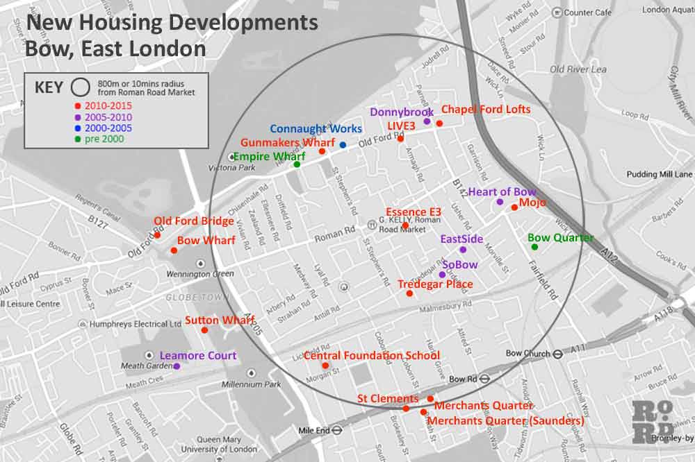 Map plotting new housing developments in Bow, East London, from 2000 to 2015.